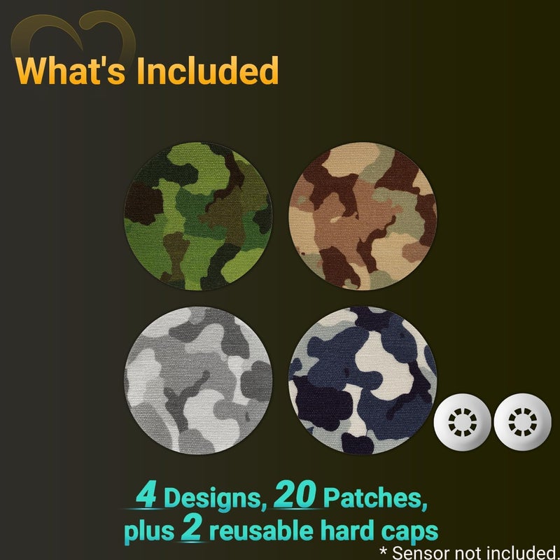 Amolyfe Libre 3 Sensor Covers Waterproof Camo, 20-Pack Adhesive Patch for Freestyle Libre 3 & Plus, Bump-Proof with 2 Hard Caps and Tin Case, Breathable 14-Day CGM Protection (Camo) - Image 2